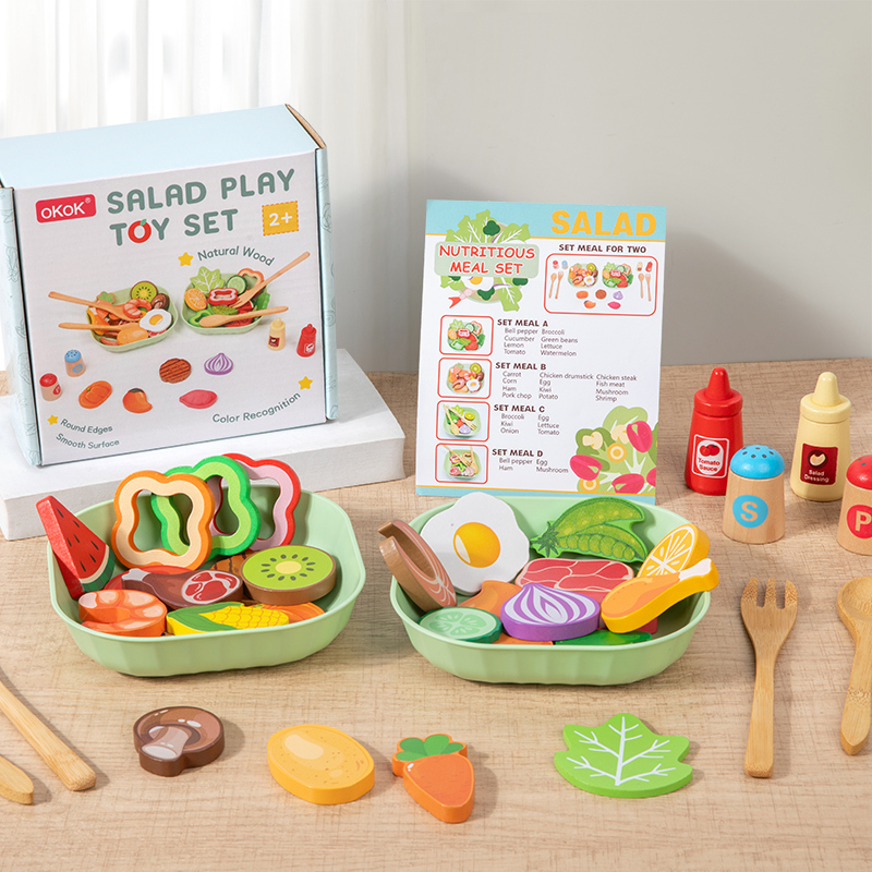 Baby Food Under 1 Year - ชุดของเล่นจำลองสลัดไม้ ของเล่นเสริมสร้างจินตนาการ อุปกรณ์อาหารจำลอง ของเล่นครัวสำหรับเด็กอายุ 2 ปีขึ้นไป