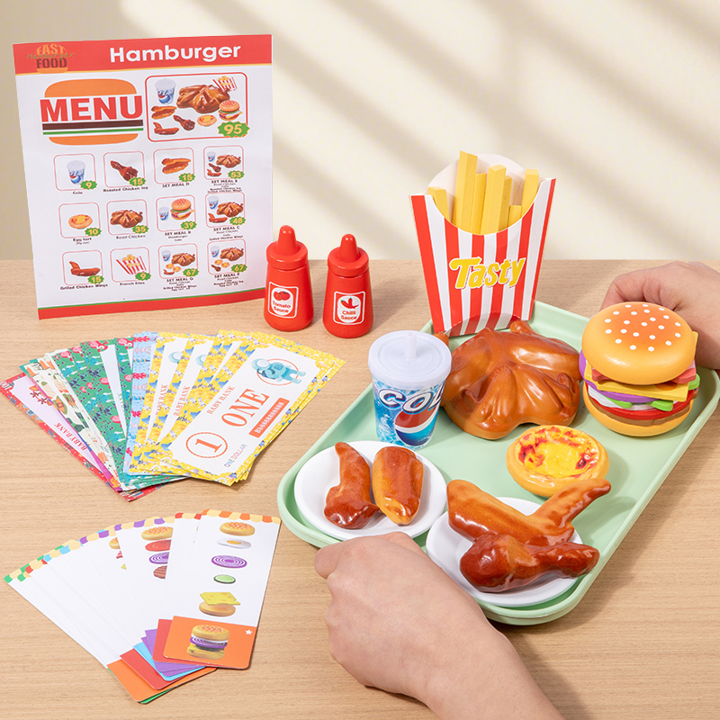 Baby Food Under 1 Year - ชุดของเล่นครัวไม้จำลองอาหารฟาสต์ฟู้ด ของเล่นเสริมพัฒนาการ ชุดแฮมเบอร์เกอร์และไก่ทอด สำหรับเด็กเล่นบ้าน