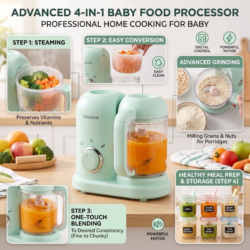 Baby Food Steamer - เครื่องบดอาหารเด็กอเนกประสงค์ความแม่นยำสูงขนาดเล็กอัตโนมัติ 4 in 1 พร้อมฟังก์ชั่นนึ่ง ต้ม